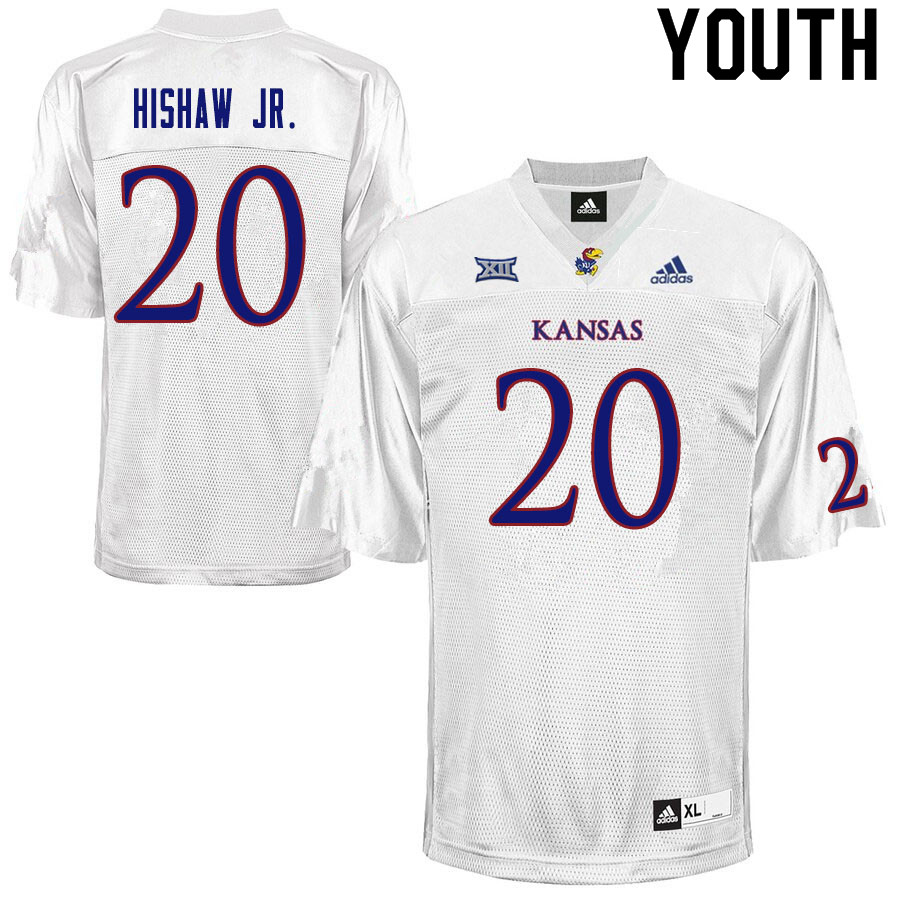 Youth #20 Daniel Hishaw Jr. Kansas Jayhawks College Football Jerseys Sale-White - Click Image to Close
